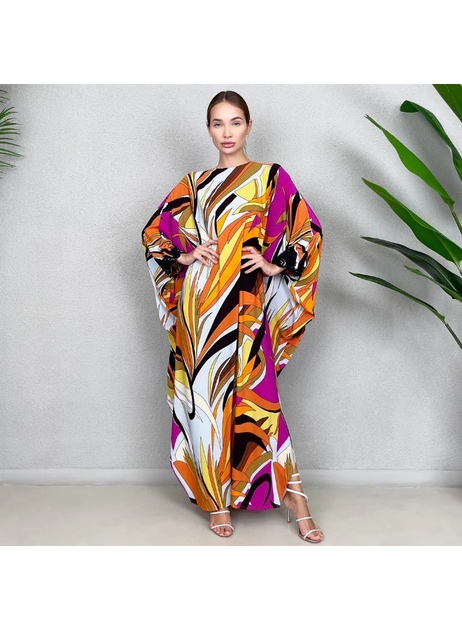 QABEELA RAM23 LOLA ORANGE 70S PRINT CREPE KAFTAN - Image 1